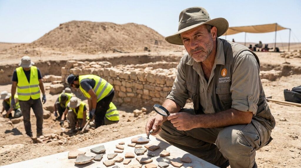 Israeli archaeologist examines pottery at Tell Jemmeh excavation site.