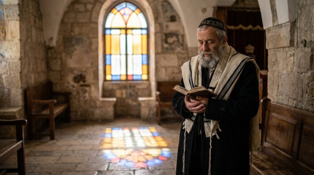 Elderly Israeli man in kippah praying in ancient Jerusalem synagogue.