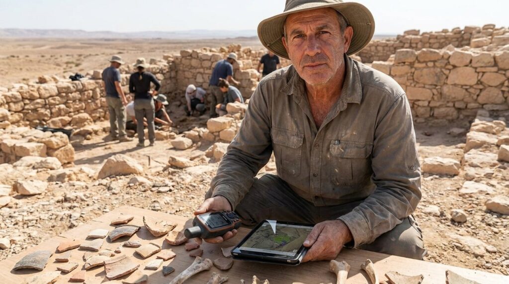 Israeli archaeologist using GPS and digital tools at Negev dig site.