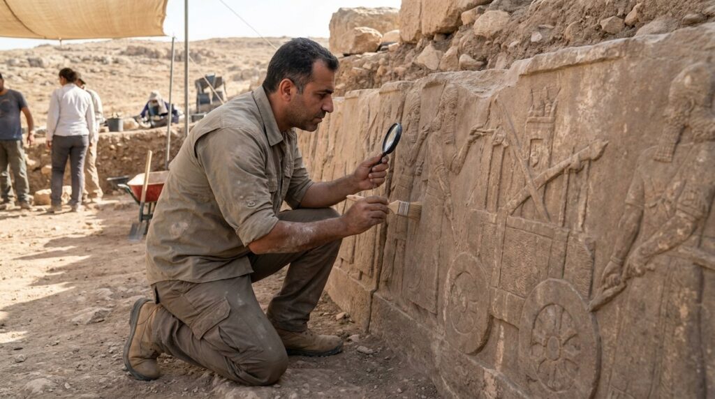 Middle Eastern archaeologist examines Assyrian reliefs at an archaeological site.