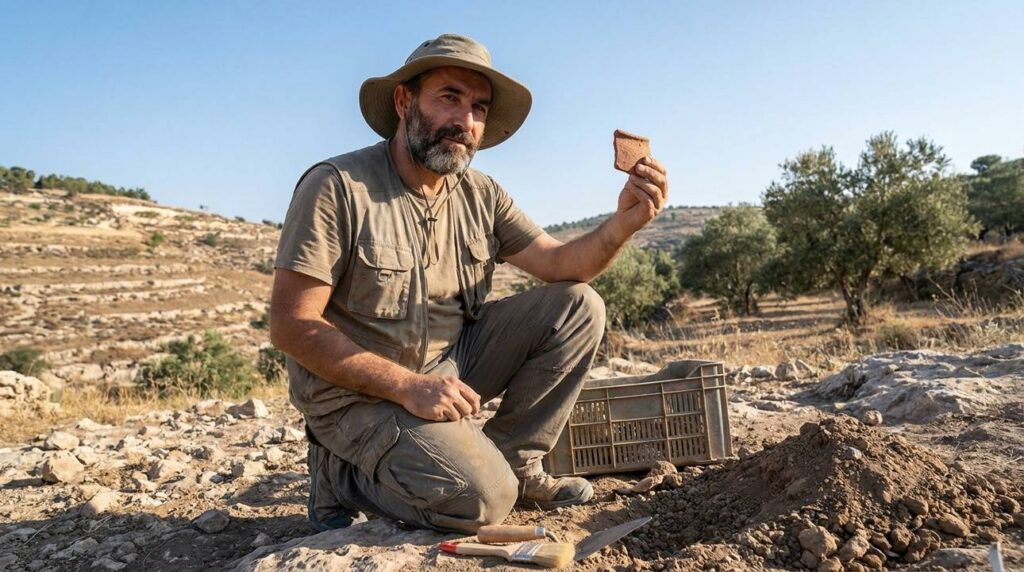 Israeli archaeologist examines Iron Age pottery shards in Kidron Valley.