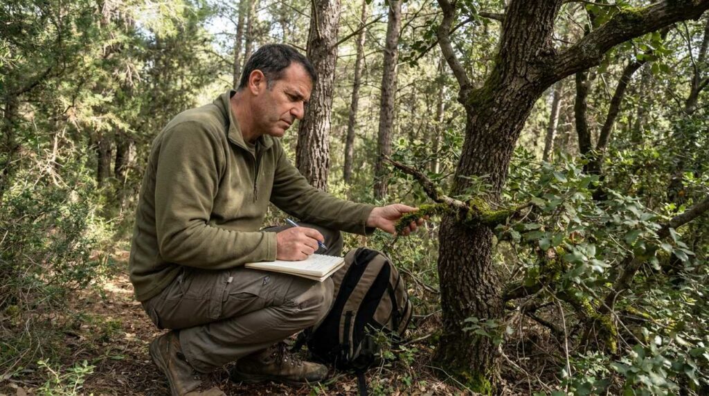 Israeli historian examines ancient trees in a forest, holding notes.