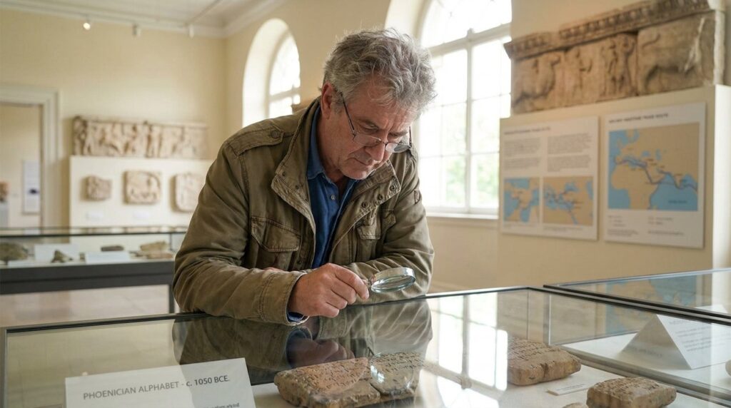 Israeli historian examines Phoenician artifacts in a naturally lit museum.
