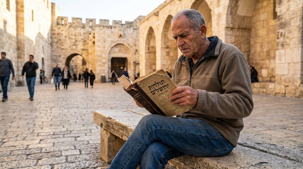 Elderly Israeli man reading a book on a bench in Jerusalem.