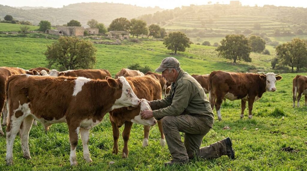 Israeli farmer in his 50s tending cattle in green pastures.