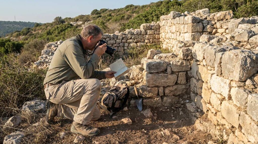 Historian examines ancient ruins on Mount Carmel with notebook and camera.