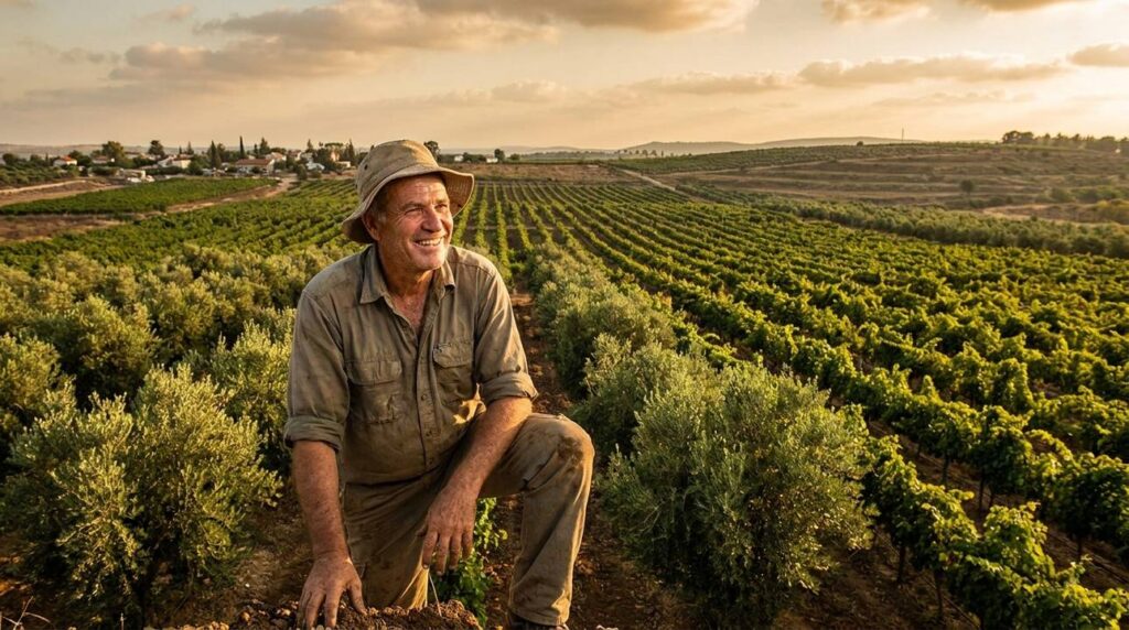 Israeli farmer tending crops in Elah fields at sunset.