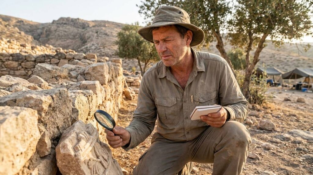 Israeli archaeologist examines ancient ruins at Beth-peor in soft sunlight.
