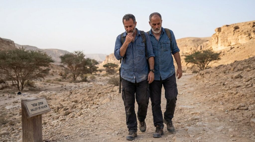 Middle-aged Israeli man walking thoughtfully through Valley of Achor.