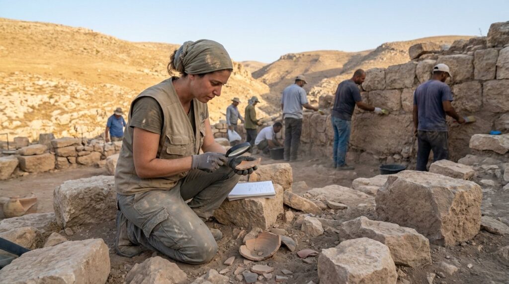 Israeli archaeologist examines ancient ruins in Jabesh-Gilead during early morning.