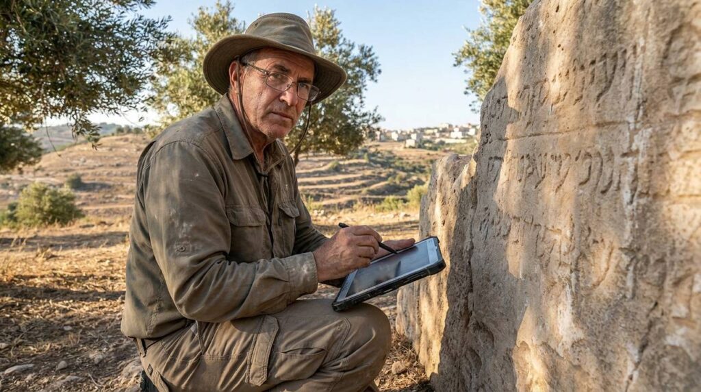 Israeli archaeologist examines stone inscriptions with tablet in Rama.