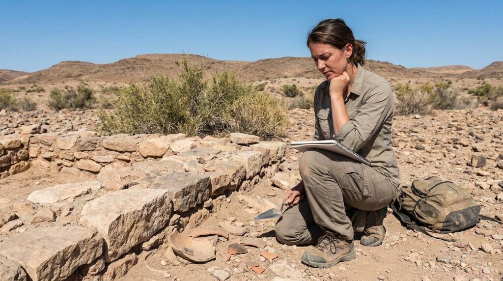 Researcher in field attire examining ancient ruins in a desert.