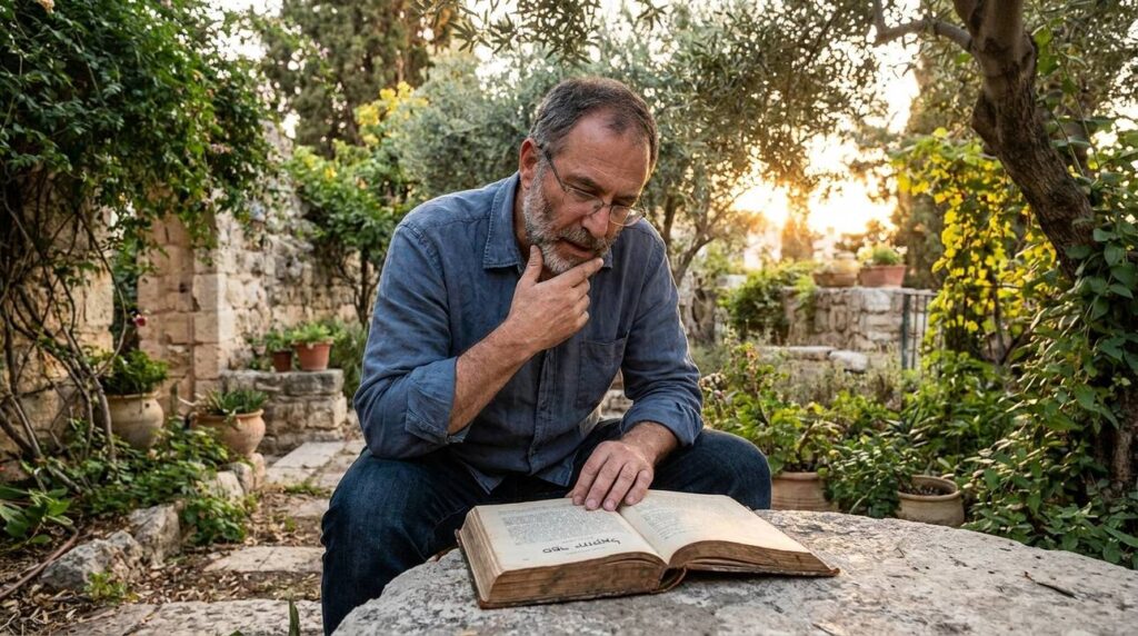 Middle-aged Israeli man reading a book at a stone table in a garden.