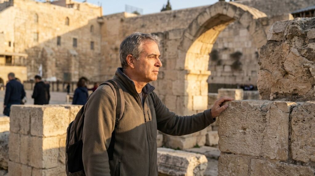 Israeli man in modern clothing stands among Jerusalem's ancient ruins.