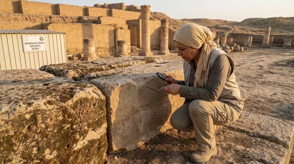 Middle Eastern archaeologist examines ancient ruins in desert at sunset.