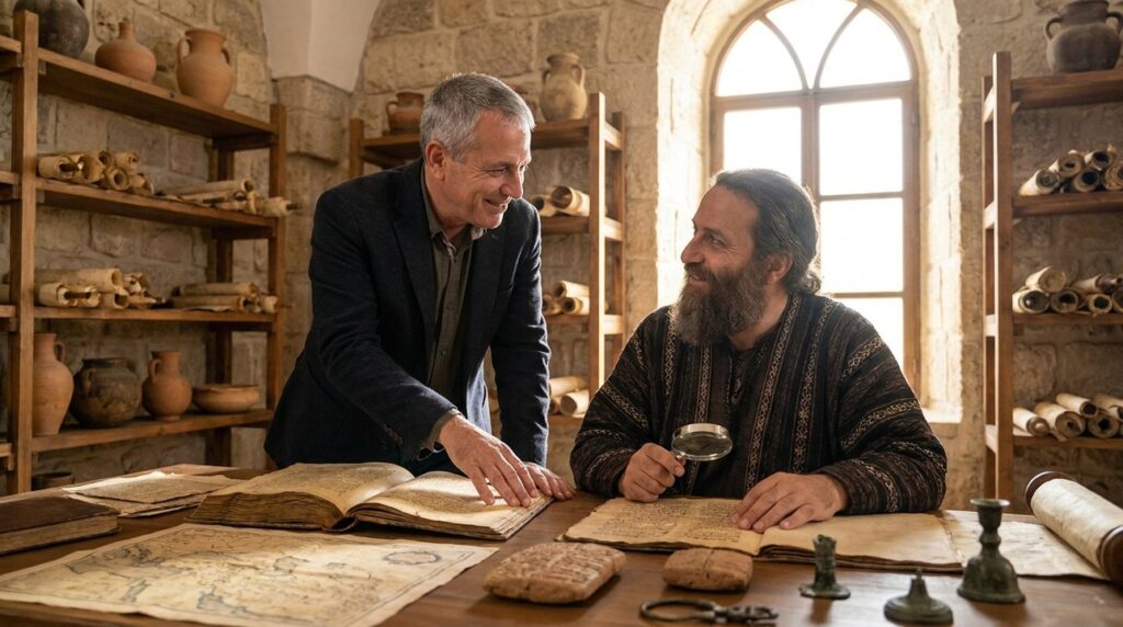 Israeli businessman and Aramaic scholar discussing texts in historic library.