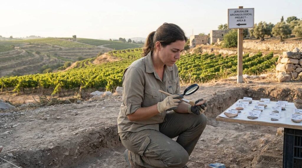 Israeli archeologist examines artifacts at Jerusalem site with vineyard background.