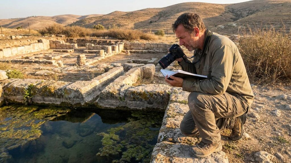 Researcher examining ancient water sources at Aenon with notebook and camera.