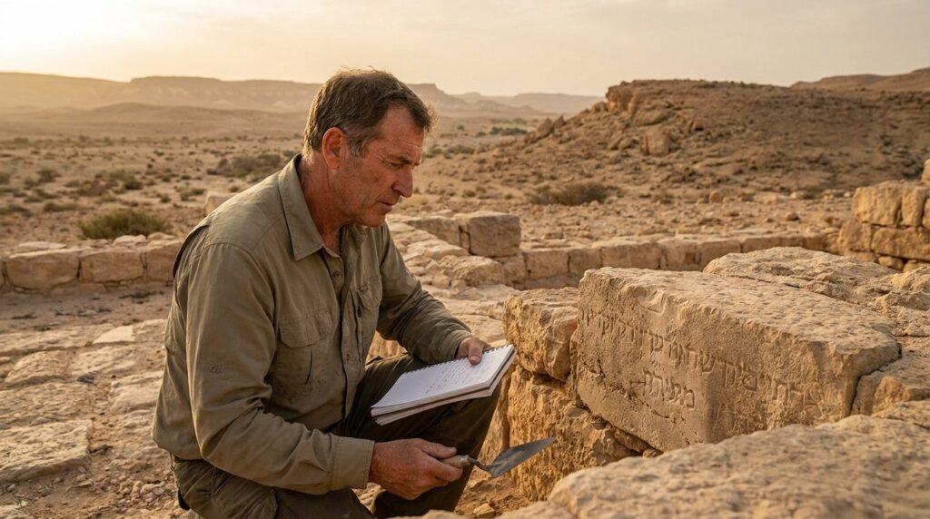 Israeli historian examining ancient ruins in the Negev desert.