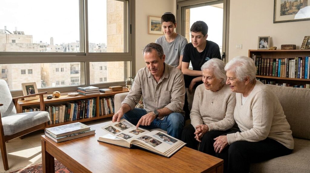 Israeli family of various ages reviews photo album in cozy room.