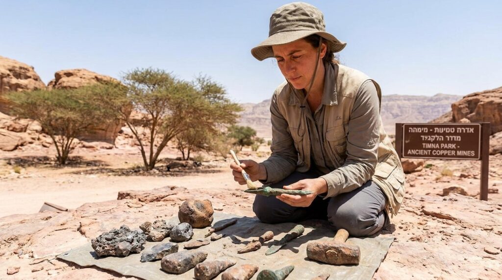 Archaeologist examining ancient tools in Timna Valley desert landscape.