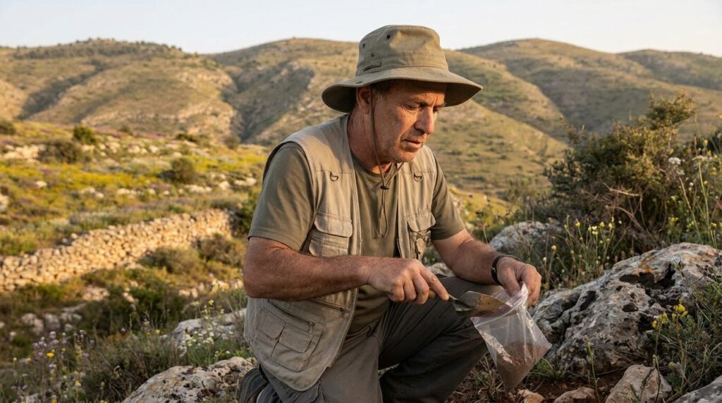 Middle-aged Israeli ecologist taking soil samples on Mount Gilboa.