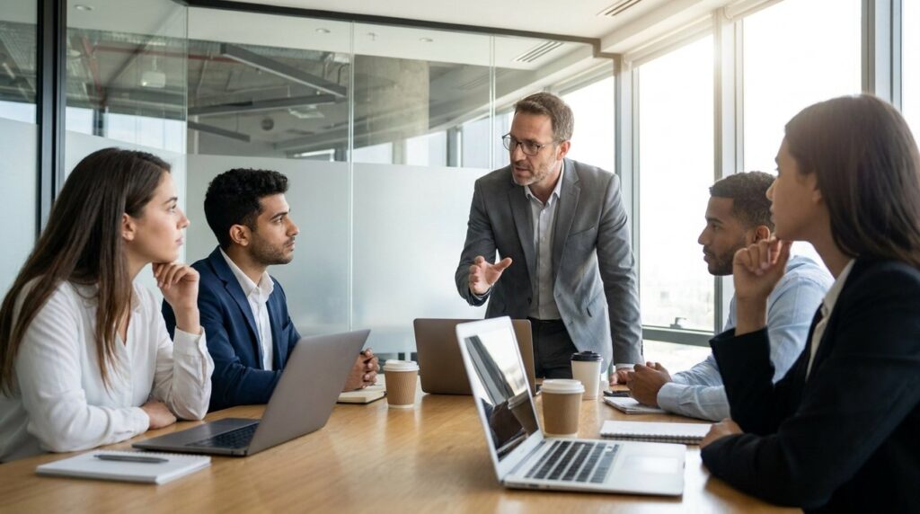 Israeli man in suit discusses with diverse professionals at conference table.
