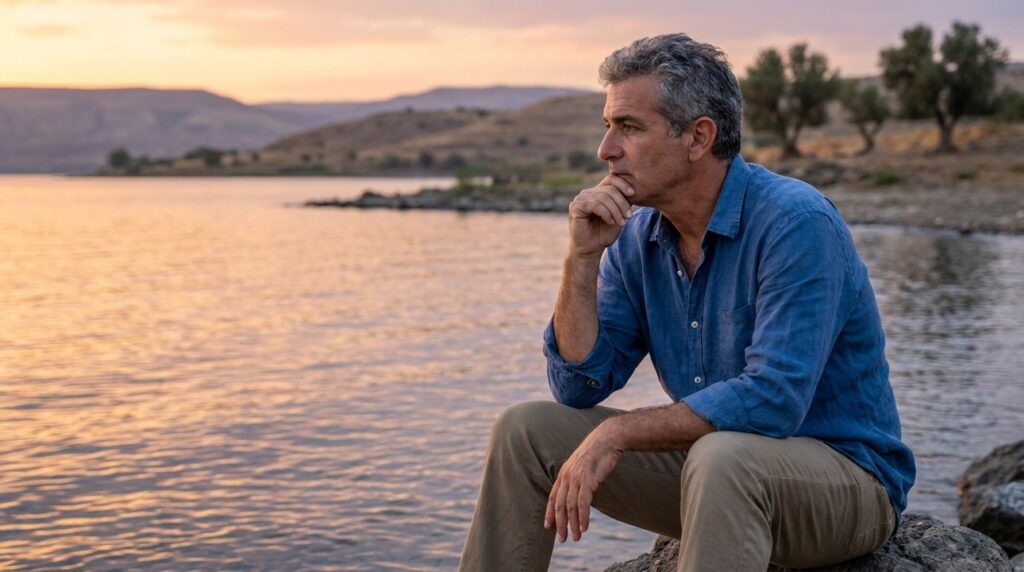 Middle-aged Israeli man contemplating alone by Sea of Galilee at sunset.