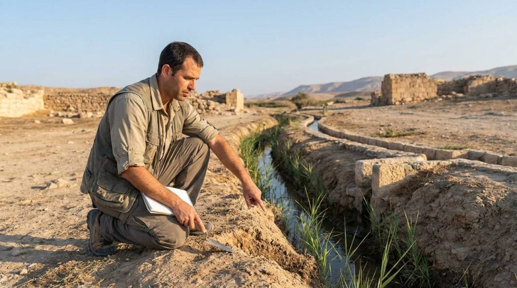 Israeli researcher examines ancient irrigation systems near canal in morning light.
