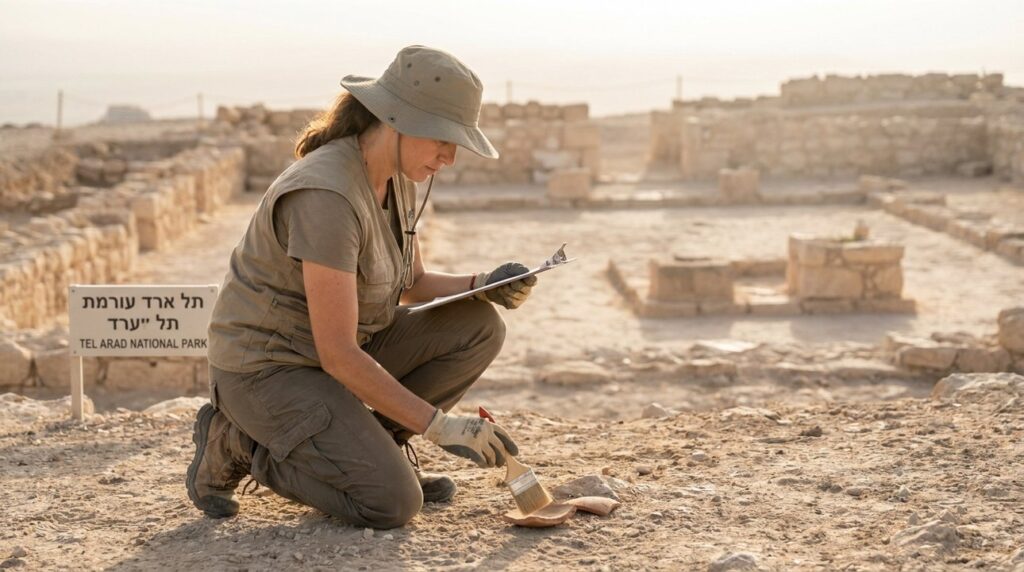 Israeli archaeologist examines artifacts at Arad ruins with brush and clipboard.