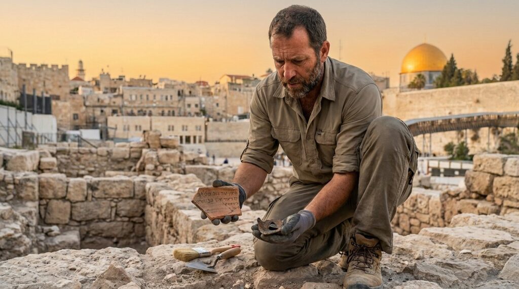 Israeli archaeologist examines artifacts at ancient ruins in Jerusalem.