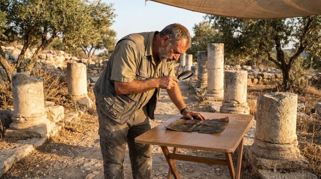 Israeli archaeologist examines ancient scrolls at Ophrah historical site.