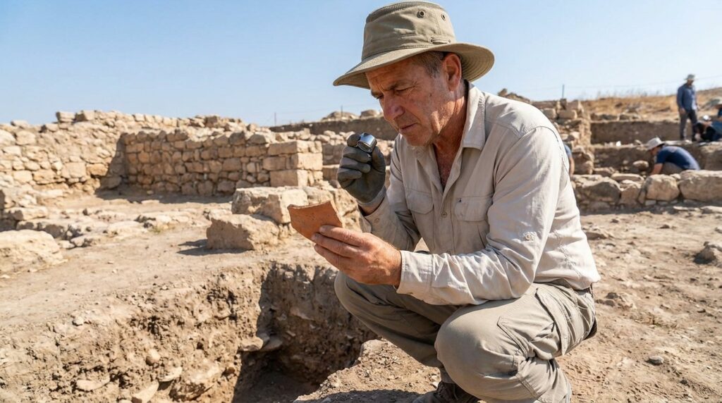 Israeli archaeologist examines pottery shard at Mahanaim excavation site.