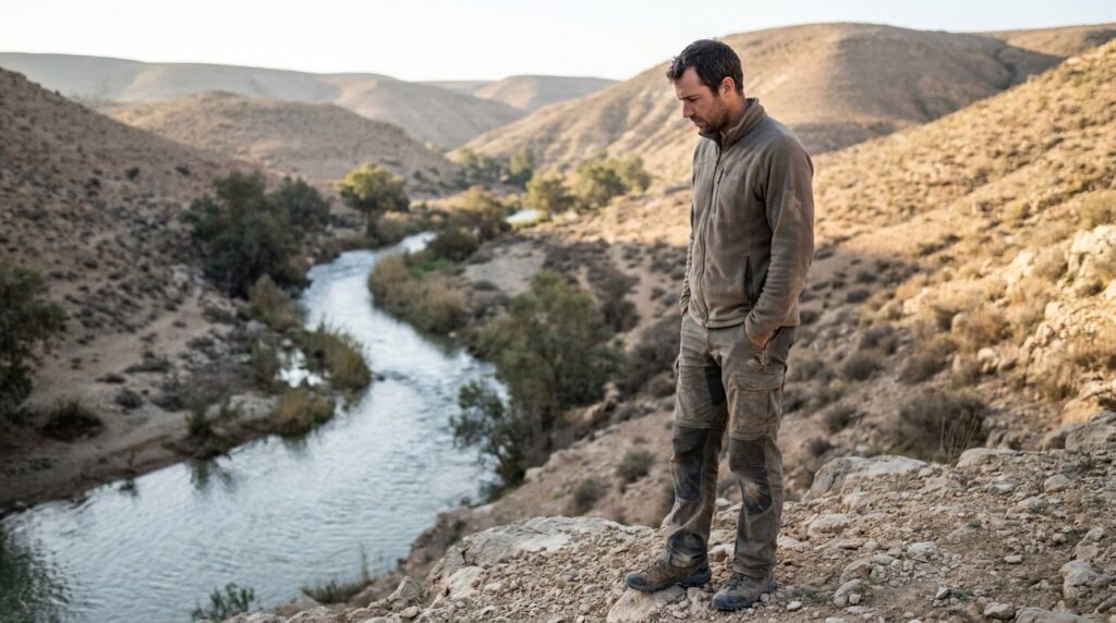 Israeli man in hiking clothes stands thoughtfully by Wadi Cherith.