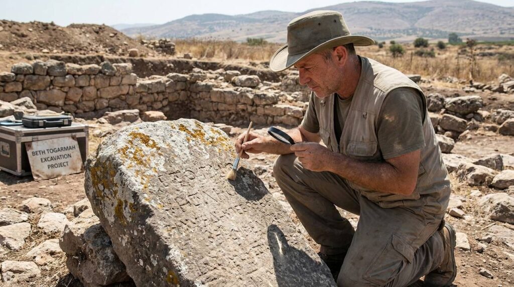 Archaeologist examining stone inscriptions at an ancient site in Israel.