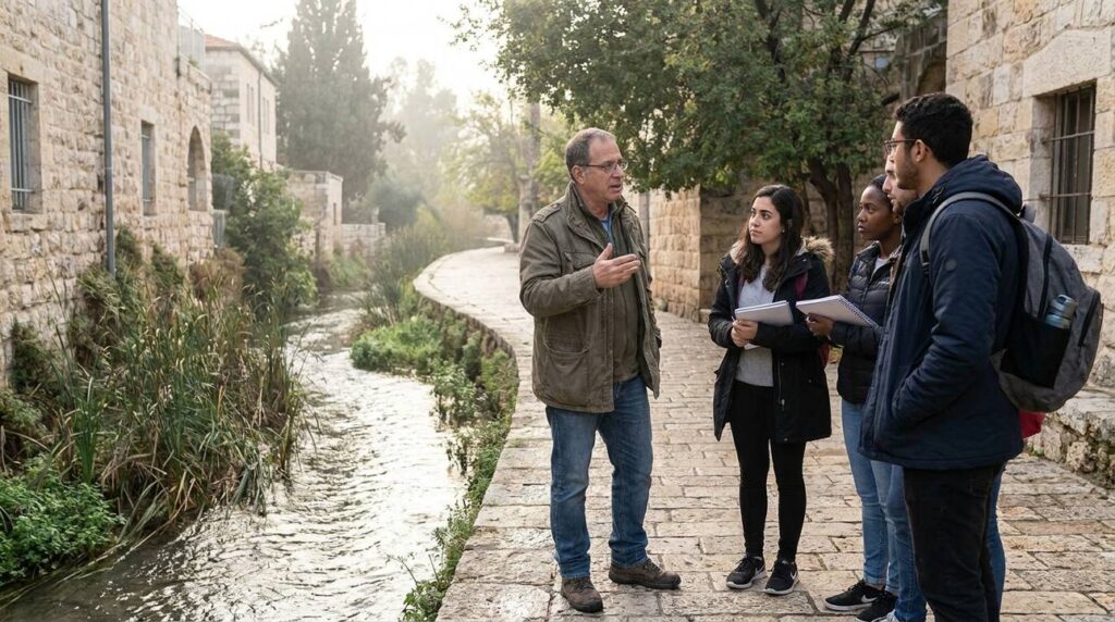 Israeli historian explaining Ahava Canal history to young adults outdoors.