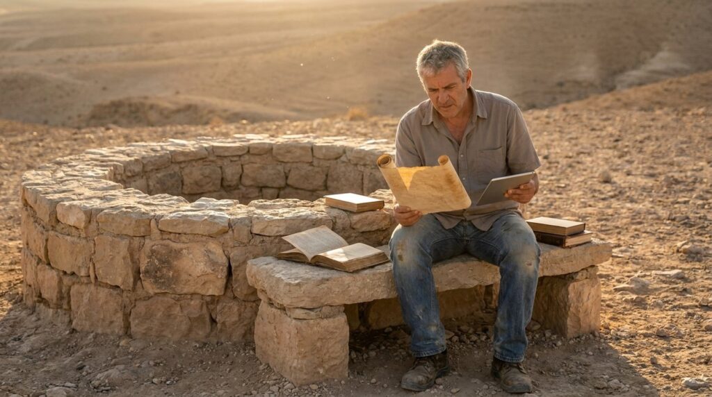 Middle-aged Israeli man reads ancient texts by Negev desert well.