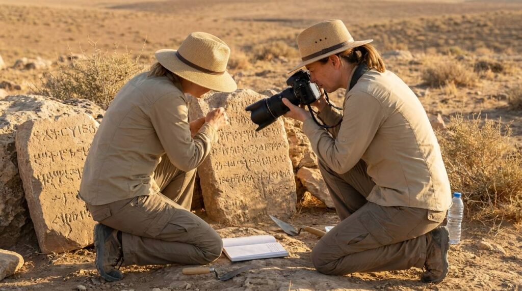 Israeli archaeologist documenting ancient inscriptions in a desert at dawn.