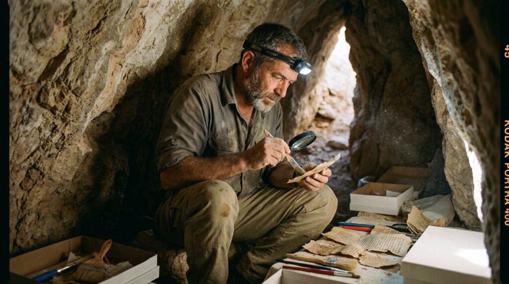 Israeli archaeologist examines ancient scrolls in a dimly lit cave.