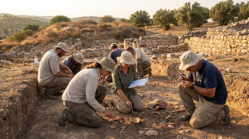 Archaeologists excavating pottery shards at Lachish, Israel in evening light.