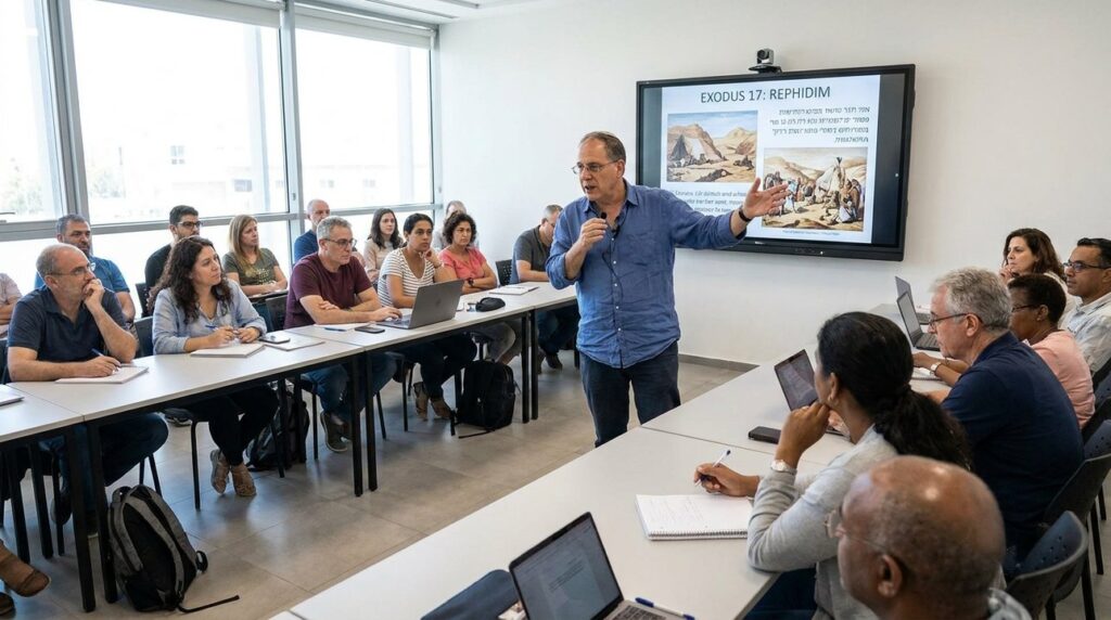Israeli historian lectures on Rephidim to adults in well-lit classroom.