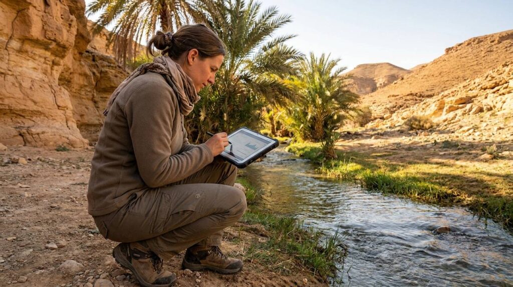 Israeli researcher in casual gear examines oasis, taking notes on tablet.