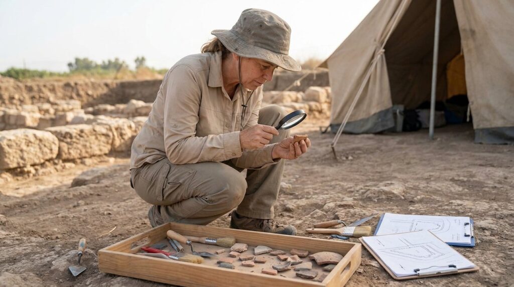 Middle-aged Israeli archaeologist examines artifacts at Ulai Canal excavation site.