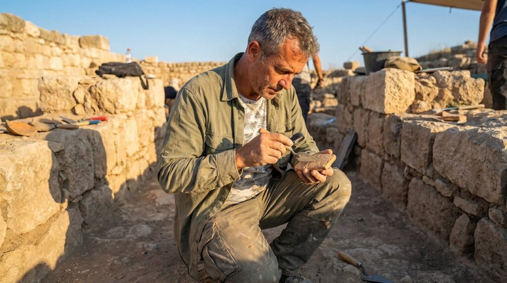 Israeli archaeologist examines ancient artifacts at excavation site in Israel.