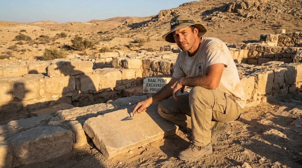 Israeli archaeologist examines ancient ruins in a desert landscape.