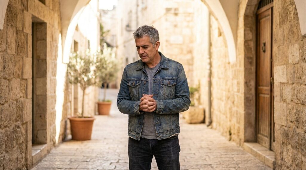 Middle-aged man standing reflectively in sunlit ancient Jerusalem alley.