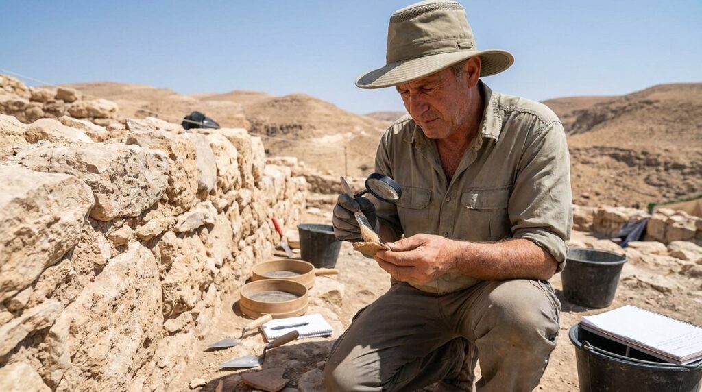 Israeli archaeologist examines artifacts at Maon with brush and magnifying glass.