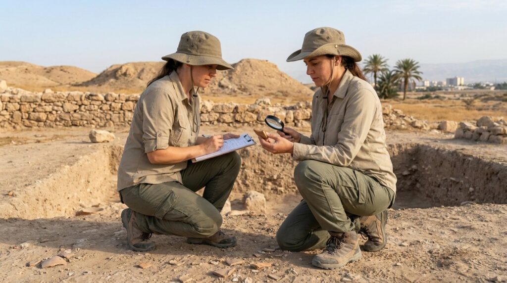 Israeli archaeologist examines artifacts near Jericho in morning light.