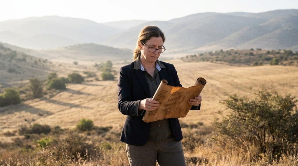 Israeli scholar reads a scroll in tranquil Achor landscape.