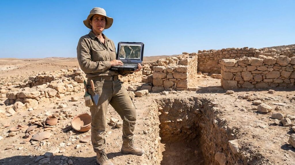 Israeli archaeologist examines satellite imagery on laptop at Negev desert site.